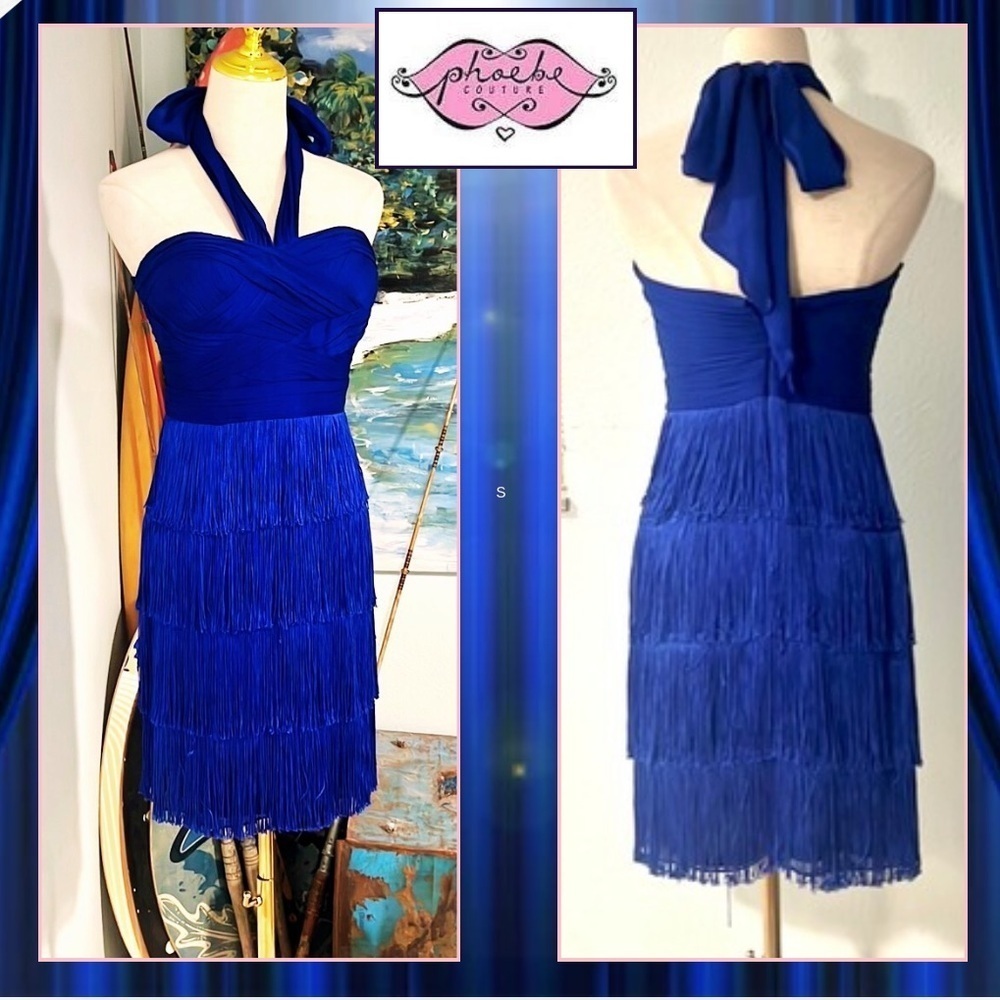 Phoebe Couture Royal Blue Halter Fringe Cocktail Dress